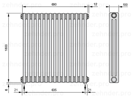 Схема (чертеж) Радиатор Zehnder Charleston 3180/15 №3570 Белый глянцевый RAL 9016